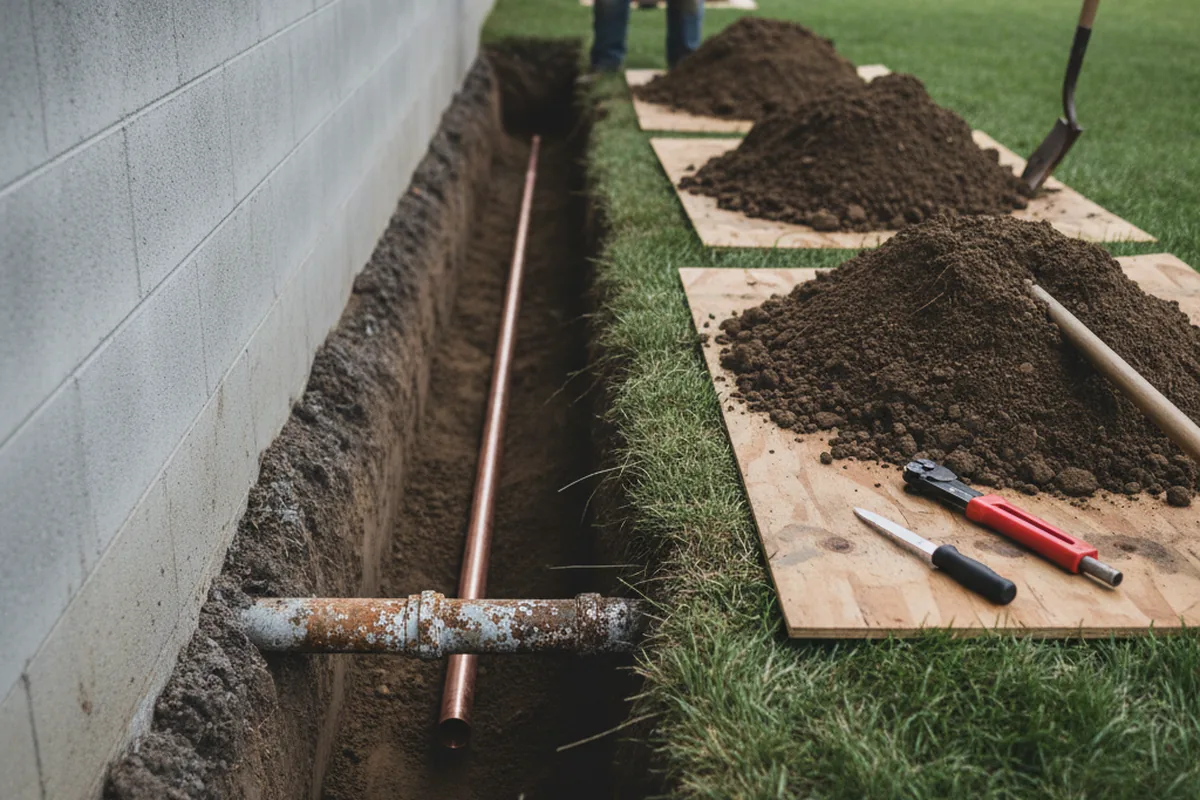 Excavated water line trench during Water Softener Installation in Kennard